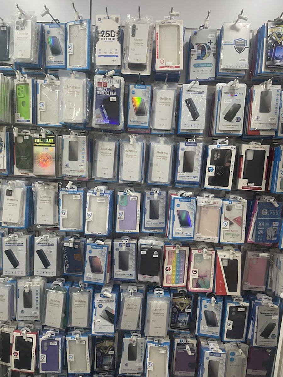 Dense wall of observed phone cases and screen protectors