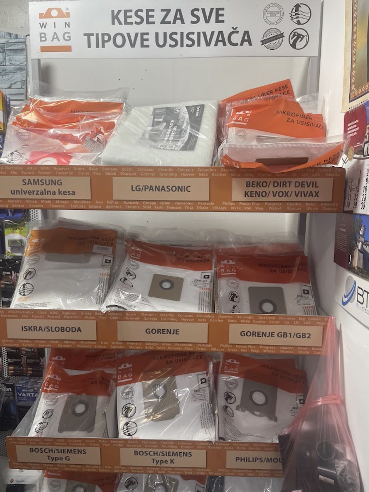 WIN BAG vacuum-bag rack with visible compatibility rows